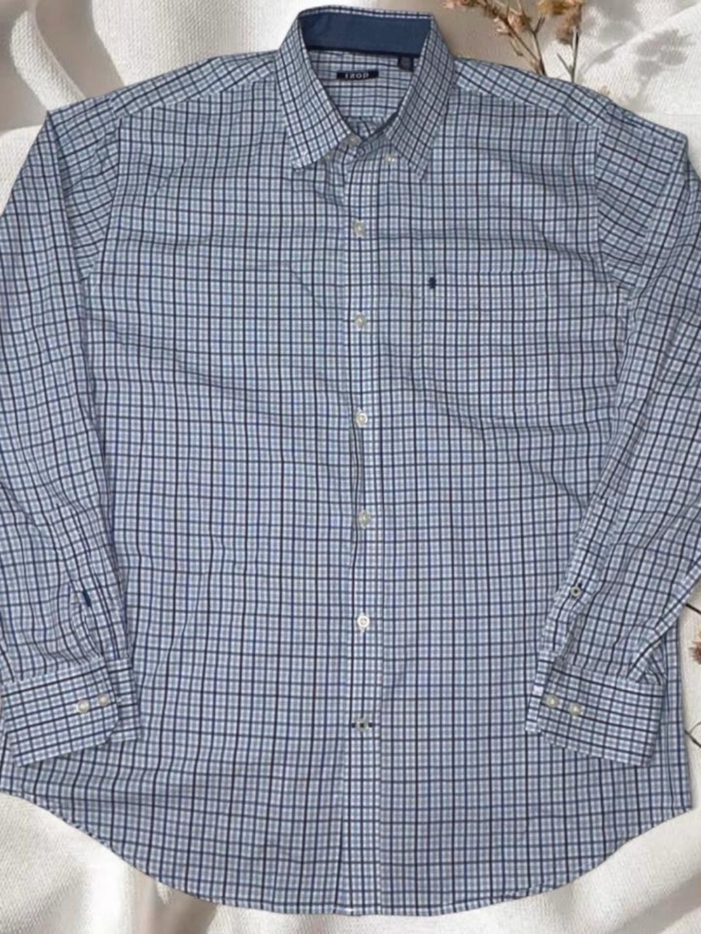 Izod Men's Light Blue and Navy Plaid Button-Down Shirt